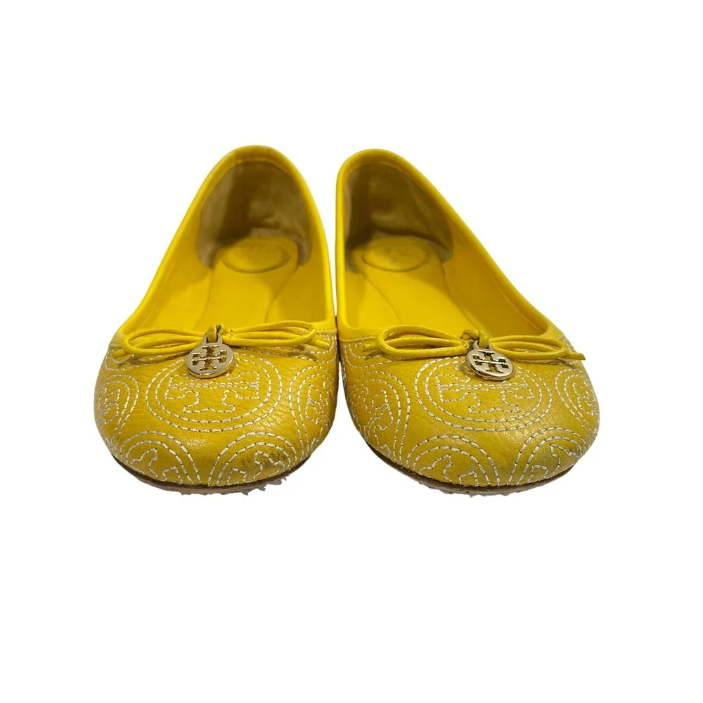 Tory‎ Burch Chelsea Stitched Ballet Flats Yellow Stitched Logo Leather 6.5M
